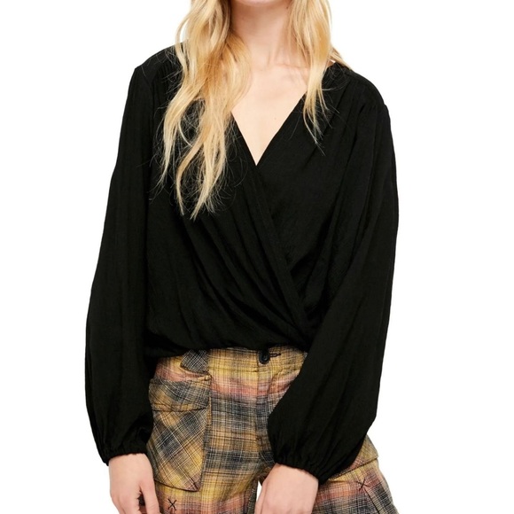 Free People Check On It Faux-Wrap Top in Black - Picture 2 of 5